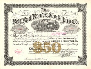 Belt Rail Road and Stock Yard Co. - Stock Certificate